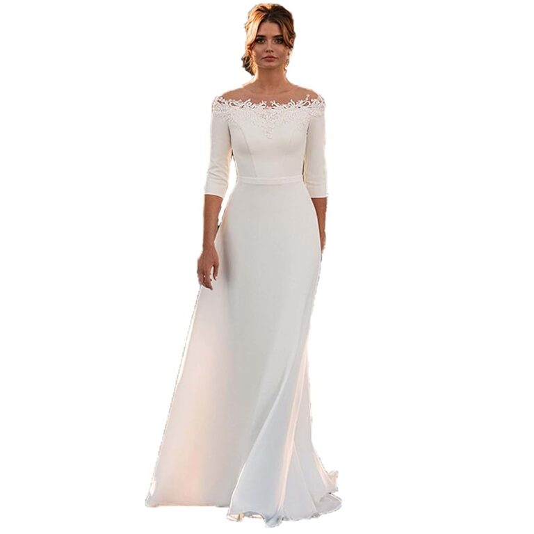 AIYIFUTY Vintage Hochzeitskleid mit 3/4 Ärmeln, schulterfreies Satin-Brautkleid mit Reißverschluss auf der Rückseite