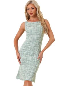 Allegra K Damen Ärmelloses Tweed Kleid - Elegantes Karomuster, Bodycon Schnitt, Sommer Midi Kleid