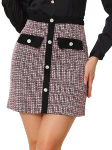 Allegra K Damen Eleganter Winterrock mit Hoher Taille, Kontrastfarbenem Knopfdetail und Karomuster im Tweed-Stil - Minirock