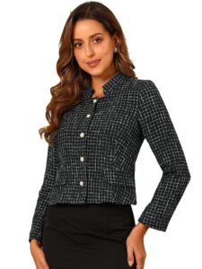 Allegra K Damen Langarm Blazer im Karomuster aus Tweed mit Knopfdekoration für Büro und Arbeit