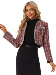 Allegra K Damen Tweed-Blazer mit Stehkragen, zweireihig, elegant kariert, bauchfrei