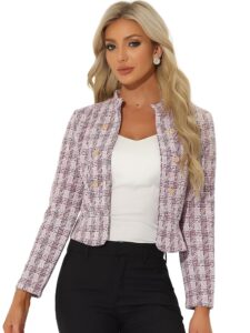 Allegra K Damen Vintage Karierter Tweed Blazer, Offen, Schmale Passform, Büro, Kurzjacke