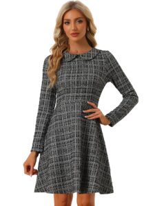 Allegra K Damen Vintage Karo Tweed Kleid mit Bubikragen und langen Ärmeln, A-Linie Minikleid