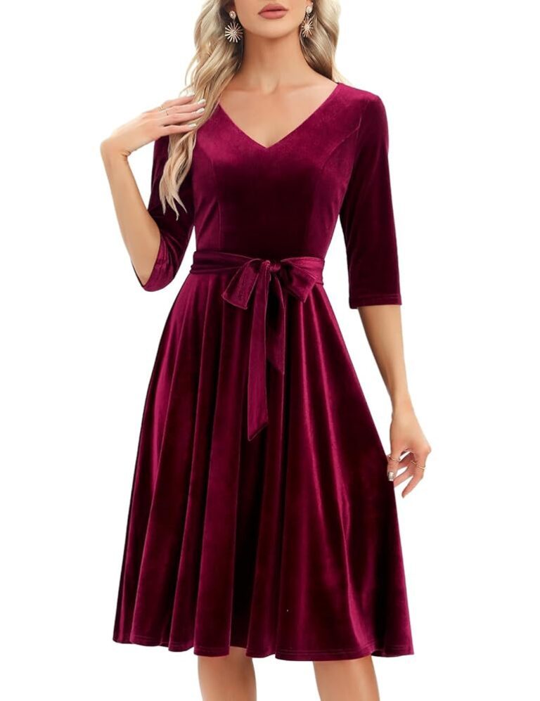 Bbonlinedress Damen Rockabilly Kleid mit 3/4-Ärmeln und V-Ausschnitt – Midi-Langarm Festkleid für Hochzeiten im Vintage-Stil, Cocktailkleid