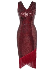 Belle Poque Damen Etuikleid mit Pailletten, ärmellos, V-Ausschnitt und Fransen – Cocktailkleid im Bleistiftstil