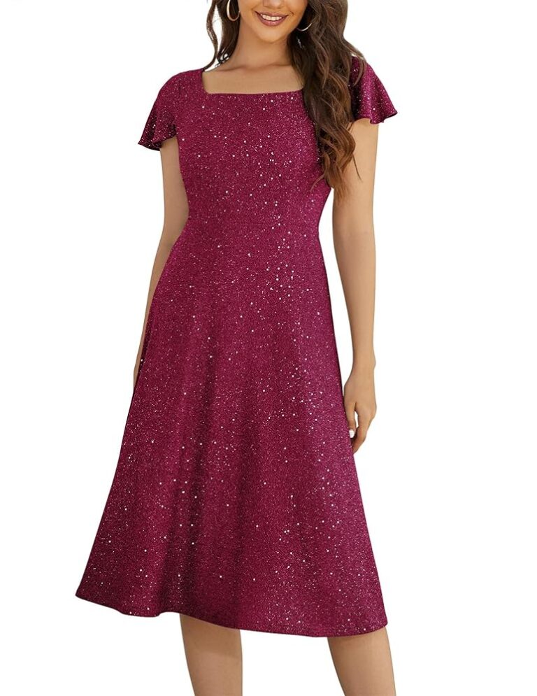 Berylove Damen Cocktailkleid mit eckigem Ausschnitt – Festliches Abendkleid, lang und glitzernd, mit Ärmeln für Hochzeitsgäste und Ballanlässe