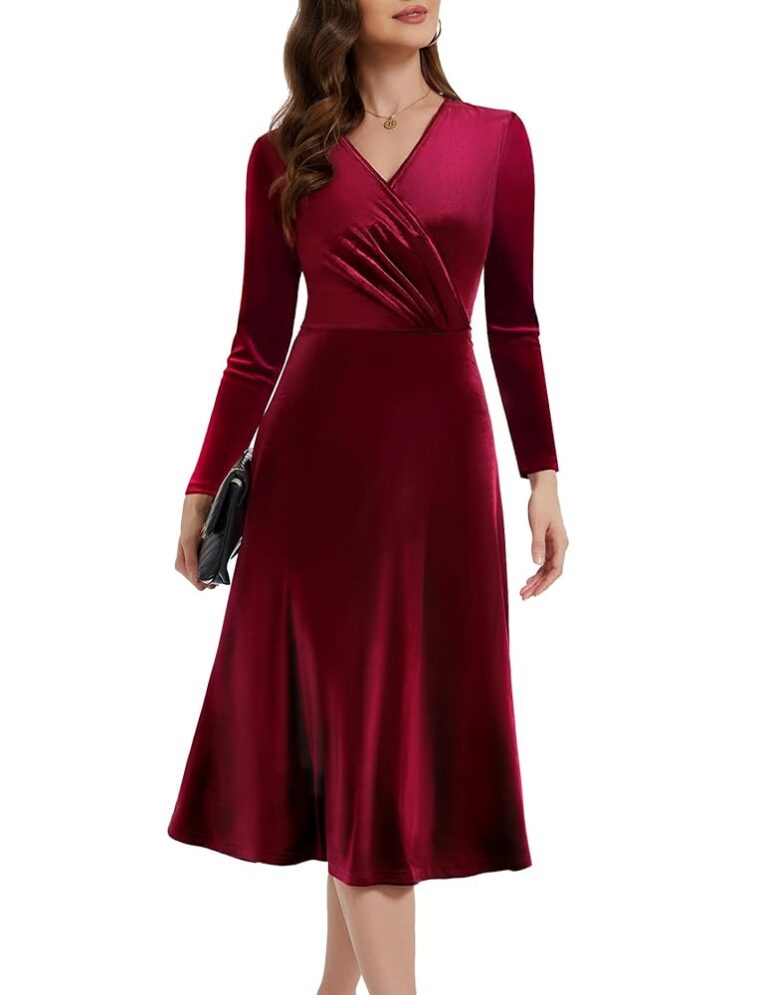 Berylove Damen Samtkleid – Langarm Abendkleid, festliches Kleid im Vintage-Stil mit V-Ausschnitt, Ballkleid, Cocktailkleid und Winterkleid