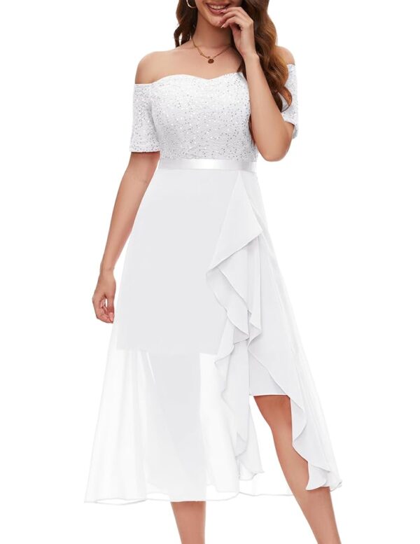 Berylove Elegantes Glitzer-Abendkleid für Damen, langes Off-Shoulder-Cocktailkleid für Hochzeiten und Bälle