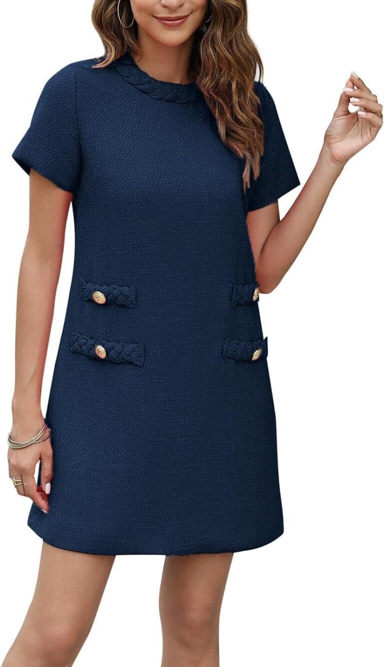 BUNSLOOM Damen A-Linien Tweed Kleid mit kurzen Ärmeln, Rundhalsausschnitt, Vintage Minikleid für Partys und Freizeit
