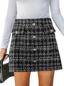 CUPSHE Damen Hohe Taille Karierter Minirock mit Knöpfen aus Tweed – Eleganter Kurzrock für die Freizeit