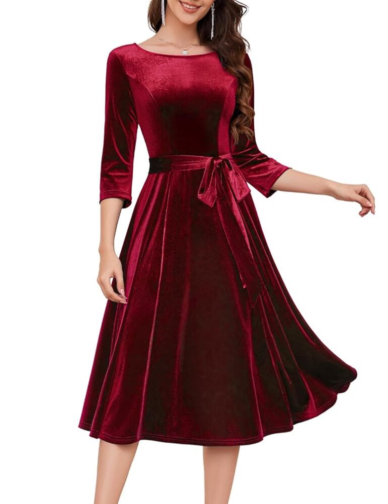 DRESSTELLS Damen Rockabilly Kleid mit Rundhalsausschnitt und 3/4-Ärmeln – Festliches Retro Vintage Swing A-Linie Midikleid für Cocktailanlässe