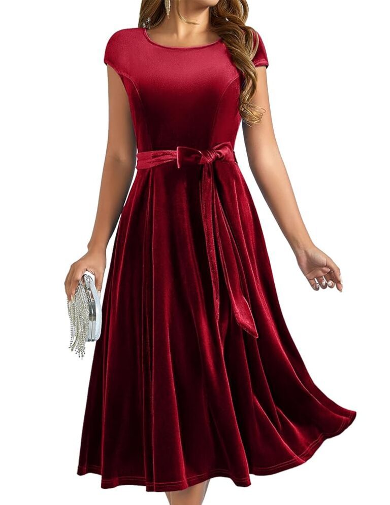 DRESSTELLS Damen Rockabilly Kleid mit Rundhalsausschnitt und 3/4-Ärmeln – Festliches Retro Vintage Swing A-Line Midikleid für Cocktails