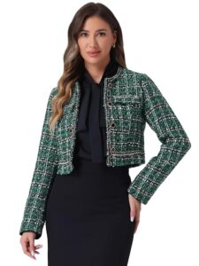Eleganter kariert Zweireiher Damen Blazer aus Tweed mit Stehkragen von Allegra K – bauchfreie Jacke