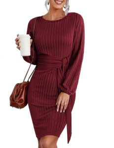 Elegantes Hotouch Strickkleid für Damen – Langarm Pulloverkleid, knielang, ideal für Herbst und Winter, mit Gürtel und Rundhalsausschnitt