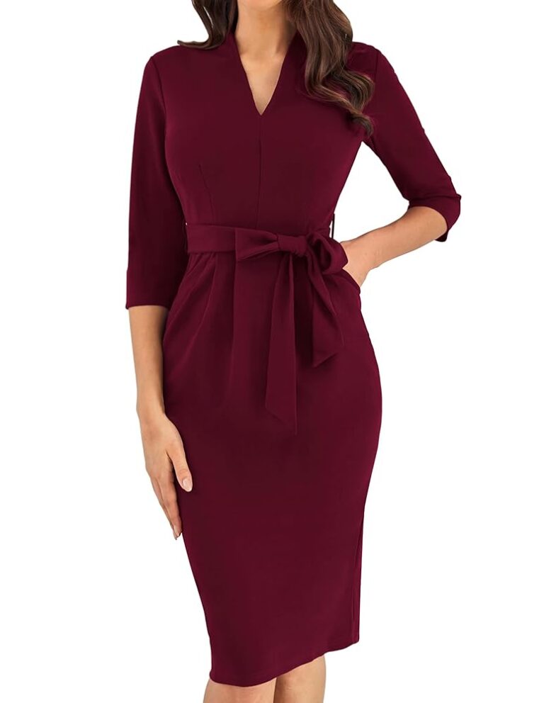 Elegantes Midi-Bodycon-Kleid für Damen von GRACE KARIN mit 3/4-Ärmeln, V-Ausschnitt und Slim Fit – Bleistiftkleid mit Gürtel, ideal für Hochzeitsgäste und den Alltag