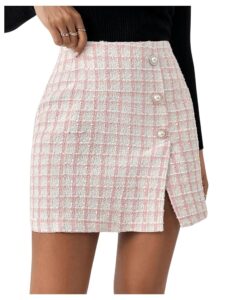 GORGLITTER Damen Kurzer Tweed Rock für den Herbst – Karierter Rock mit Schlitz und eleganten Knöpfen