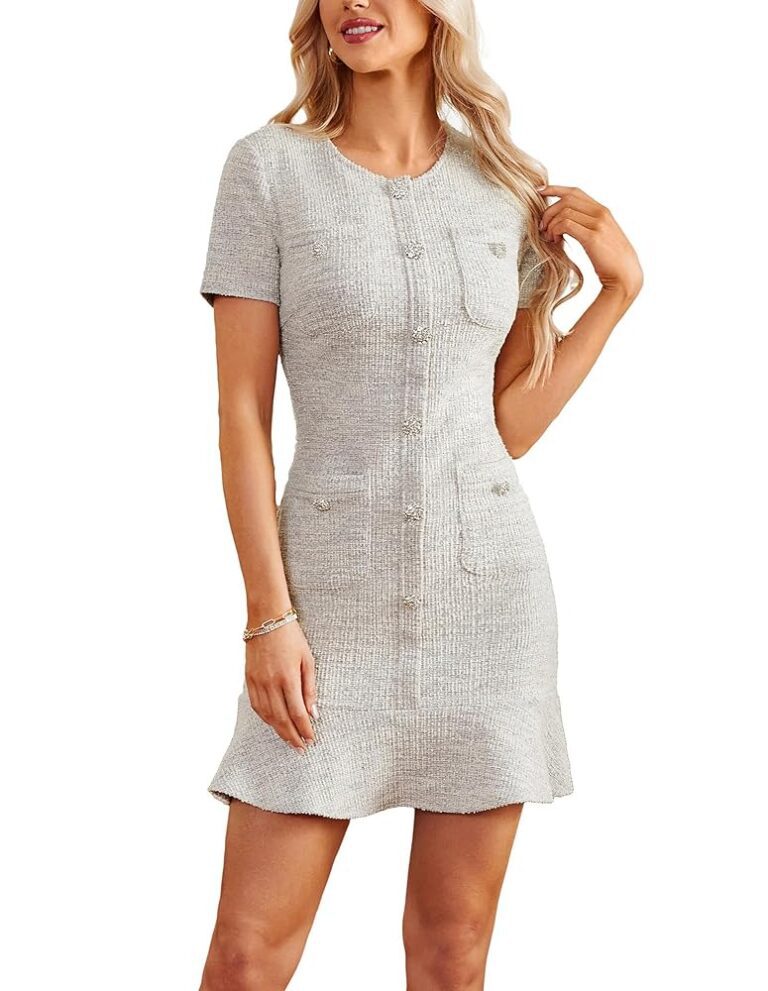GRACE KARIN Damen Kurzarm Tweed Bodycon Minikleid mit Taschen, Rüschensaum und Rundhalsausschnitt – ideal für das Büro