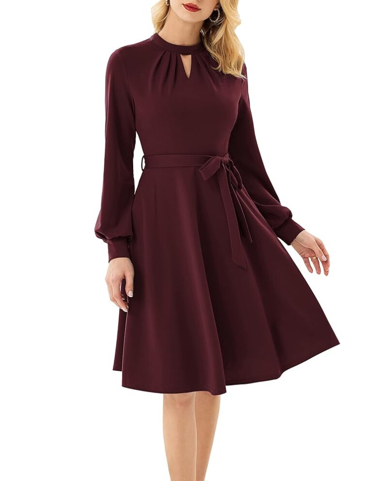 GRACE KARIN Damen Vintage Cocktailkleid mit langen Ärmeln, festliches A-Linie Swing Kleid in Knielänge mit Stehkragen für Partys