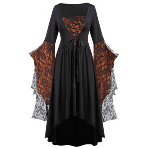 Halloween Kostüme für Damen – Elegantes Spitzenkleid in Übergröße, Gothic-Cosplay-Kleid mit modischen Ärmeln für Erwachsene