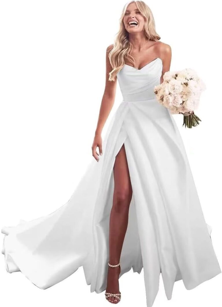 Homdor Trägerloses Abschlussballkleid – Lange Satin-Ballkleider für Bräute, A-Linie, formelle Abendkleider mit Schlitz