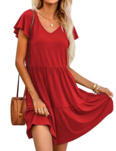 Hotouch Damen Sommerkleid – Einfarbiges V-Ausschnitt Strandkleid mit Rüschen, kurzen Ärmeln, knielanger A-Linie und praktischen Taschen