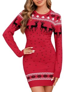 Irevial Damenstrickkleid mit Rundhalsausschnitt – Bequemes Weihnachtskleid aus langem Pulloverstrick mit Rippstrick und Schneeflockenmuster für den Winter und die Freizeit