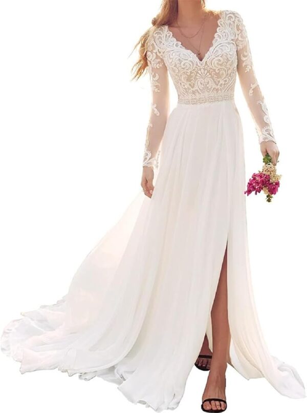 JAEDEN Boho Hochzeitskleid für Damen mit Spitze, langärmlig, ideal für das Standesamt