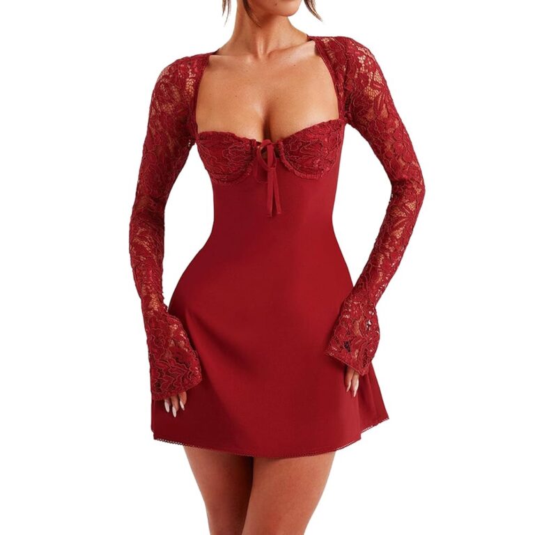 LOVHOT Damen Minikleid mit figurbetontem Schnitt, Y2K-Stil, quadratischem Ausschnitt, langen Ärmeln, Bustier-Design, kurzes Kleid mit Blumenspitze, ideal für Ausgehen und Partys