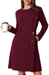 Ritiriko Damen Herbstpulloverkleid – Langarm Tunika mit Knöpfen, lässiges Rundhals Strickkleid mit Taschen für die Herbstsaison