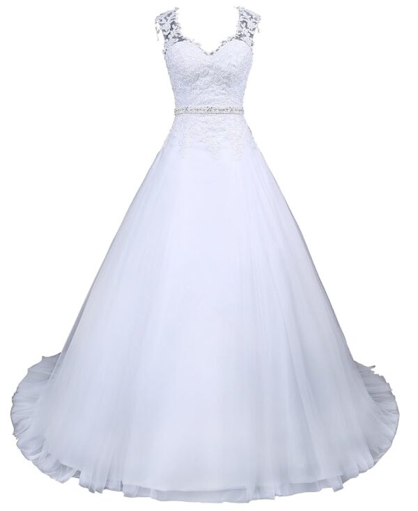 Romantisches Brautkleid W048 in Weiß - A-Linie aus Satin mit Perlen, Pailletten und Strass
