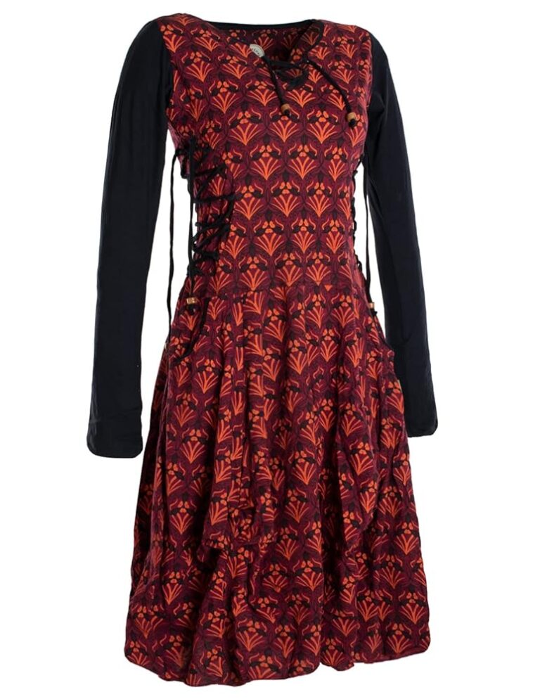Vishes - Alternative Mode - Langarm Damen-Jersey-Kleid mit Blumenmuster und Schnürung im V-Ausschnitt