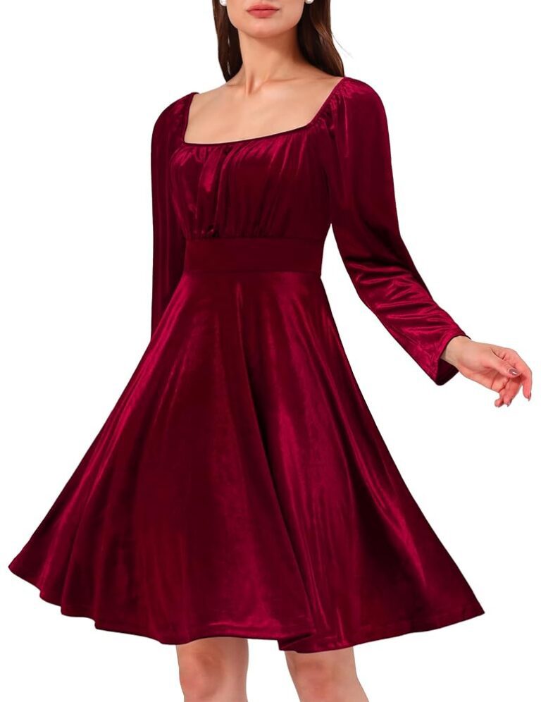 Wedtrend Damen Samtkleid mit langen Ärmeln - Elegantes Festkleid für den Winter, Abend- und Cocktailkleid mit quadratischem Ausschnitt