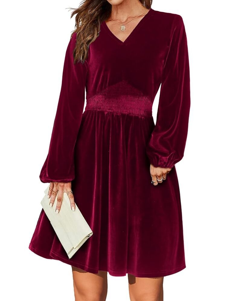 Zeagoo Damen Elegant Samtkleid für den Winter - Langarm V-Ausschnitt A-Linie Freizeitkleid mit hoher Taille - Midikleid für Weihnachten in den Größen S-XXL
