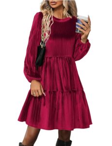 Zeagoo Damen Langarm Kleid aus Samt – Elegantes Rundhals-A-Linien Kleid mit Rüschen, hoher Taille und Taschen für den Winter