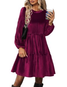 Zeagoo Damen Langarmkleid aus Samt - Elegantes A-Linien Kleid mit Rundhalsausschnitt, Rüschen und hohen Taillen, Freizeitkleid mit Taschen für den Winter