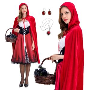 BuzzoXerex Damen Rotkäppchen Kostüm, Kleid und Umhang mit Kapuze für Karneval, Prinzessinnen Outfit für Erwachsene – Fasching und Cosplay