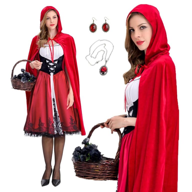 BuzzoXerex Damen Rotkäppchen Kostüm, Kleid und Umhang mit Kapuze für Karneval, Prinzessinnen Outfit für Erwachsene – Fasching und Cosplay