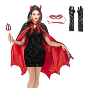 Conponous Damen Teufel Kostüm – Faschings- und Karnevalskostüm mit Teufelshörnern, Kapuzenumhang in Schwarz-Rot, doppelseitige Teufelsgabel