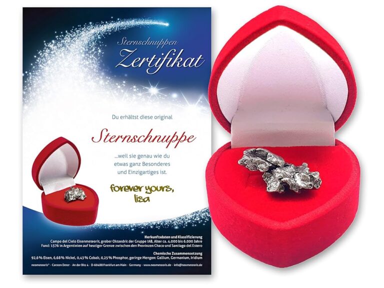 Echte Sternschnuppe in roter Herzbox mit personalisierbarem Zertifikat und Widmung | echter Meteorit