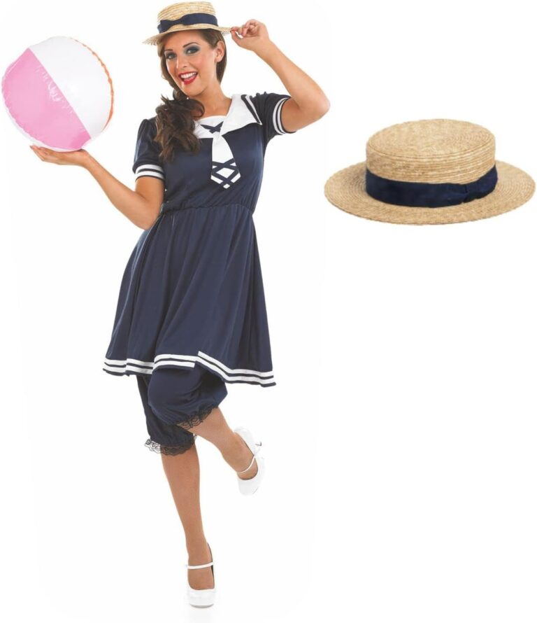 Fun Shack Damen Badeanzug im 20er Jahre Stil, Retro Gestreifter Badeanzug für Frauen, Kostüm für Fasching und Karneval, Nostalgischer Badeanzug in XXL