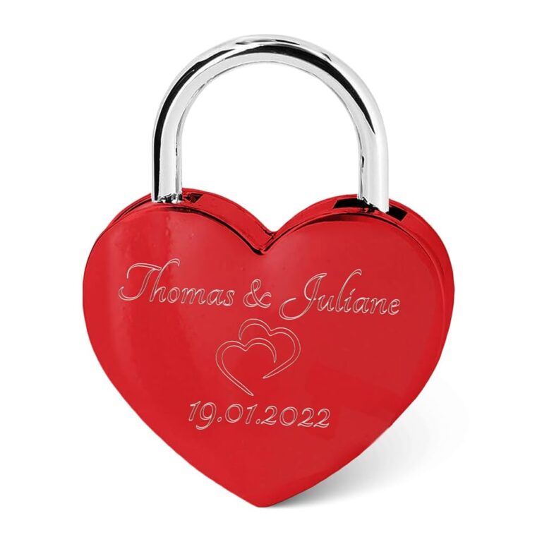 Herzschloss mit individueller Gravur - Personalisierbares goldfarbenes Schloss mit Herzschlüssel - Mit Namen und Datum personalisiert - Perfekte Geschenkidee zum Valentinstag -...