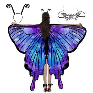 Huanuoda Damen Schmetterlingskostüm – Karnevalskostüm mit Umhang, Maske und Stirnband, perfekt für Halloween und Fasching, ideal für Cosplay