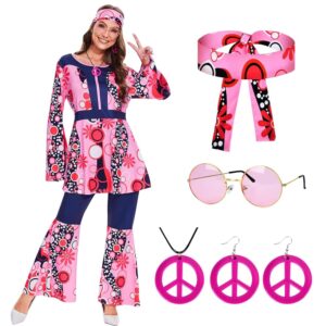 JONRRYIN Damen Hippie Kostüm, 60er 70er Jahre Karneval Set, Schlaghose und Accessoires, Faschingskostüm für Hippie Mottopartys und Disco Events