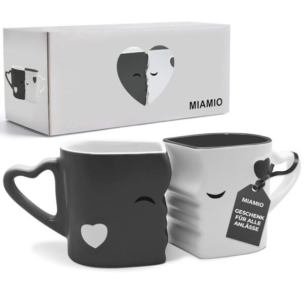 MIAMIO - Kaffeetassen Set mit Küssenden Tassen - Geschenkideen für Frauen und Männer, ideal für Freunde, Freundinnen, Hochzeiten und Weihnachten, aus Keramik (Grau)