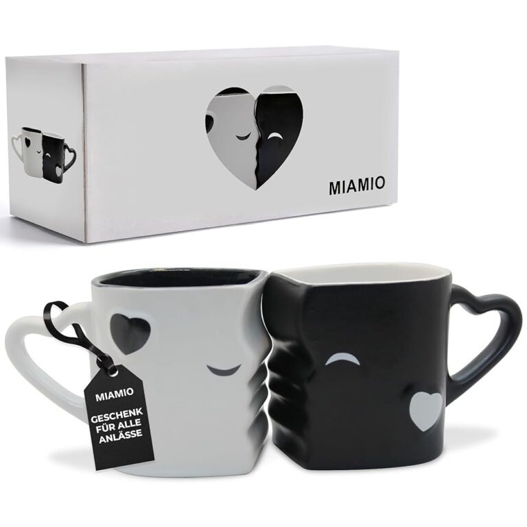 MIAMIO - Set aus Kaffeetassen/Küssenden Tassen aus Keramik (Schwarz) - Geschenkideen für Frauen, Männer, Freunde und Freundinnen zu Hochzeit und Weihnachten