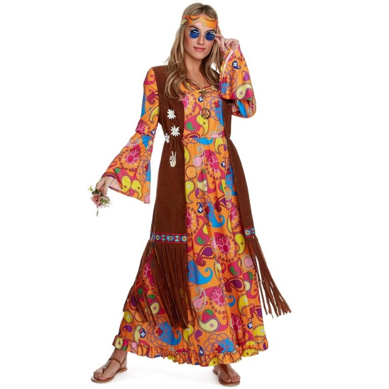 Morph Damen Hippie Kleid, 70er Jahre Hippie Outfit für Frauen, Kostüm für Schlagerpartys, Hippie-Kleid für Damen, 70er Jahre Kostüm in fünf Größen