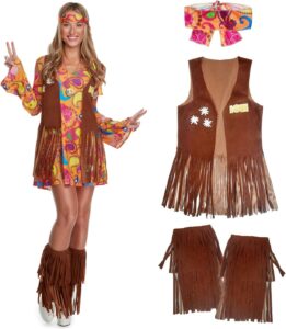 Morph Hippie Kleid für Damen, Hippie Kostüm für Frauen, Zeitreise Kostüm für Damen, Schlagermove Outfit für Frauen, 70er Jahre Mottoparty, Hippie Outfit für Damen, Schlager...