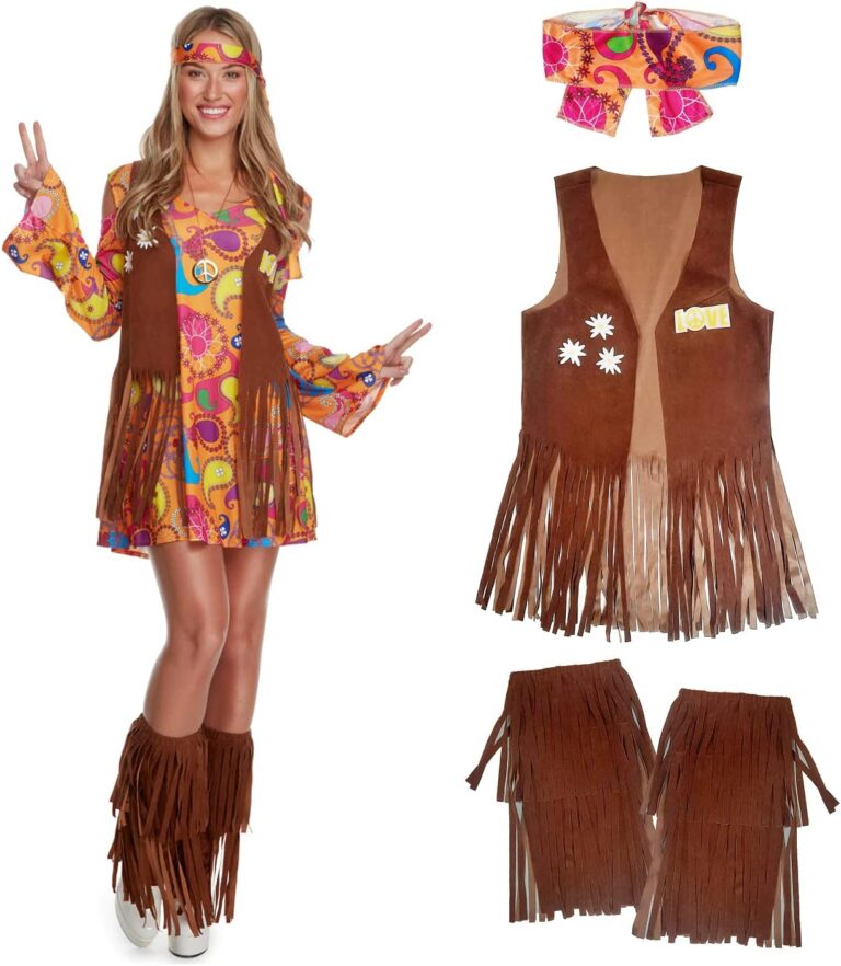 Morph Hippie Kleid für Damen, Hippie Kostüm für Frauen, Zeitreise Kostüm für Damen, Schlagermove Outfit für Frauen, 70er Jahre Mottoparty, Hippie Outfit für Damen, Schlager...