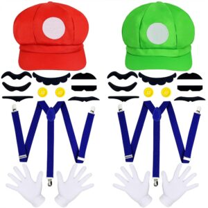 Orgoue Super Bros Kostüm - Mario & Luigi Outfit mit Hüten, Schnurrbärten, Handschuhen, Knöpfen und Hosenträgern für Cosplay, geeignet für Damen, Herren und Kinder, ideal für...