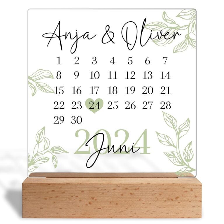 Personalisierte Acrylglasplatte mit Wunschdatum und Namen - Geschenk zum Jahrestag für Paare - Verlobung, Hochzeit, Kennenlerntag, Jubiläum - Inklusive Holzaufsteller